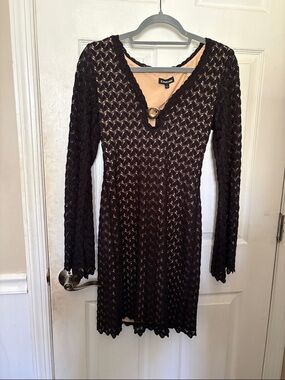 bebe Black Lace Long Sleeve V-Neck Dress with Nude Underlayer